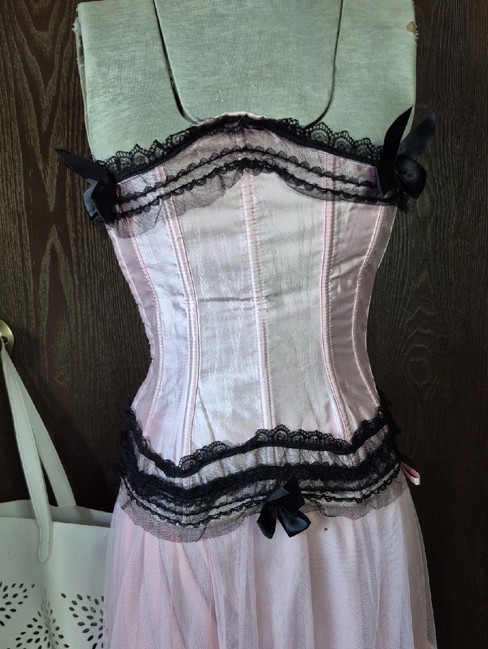 NWOT Light Pink Lace-Trim Corset with Black Accents
